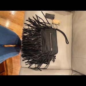 Lines Pelle Black Leather Clutch with Fringe NEW